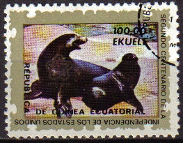 z vendido Guinea Ecuatorial 1976 Sello * Fauna Animales 14 Focas 2º Cent. Independencia de Estados Unidos Correo Aéreo Guinée Equatoriale Preobliteré Matasello de favor Preobliterado